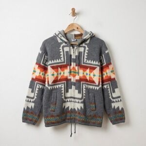 Yari Artesanias Wool Southwestern Aztec Zip Hoodie Sweater Gray Mens Small S